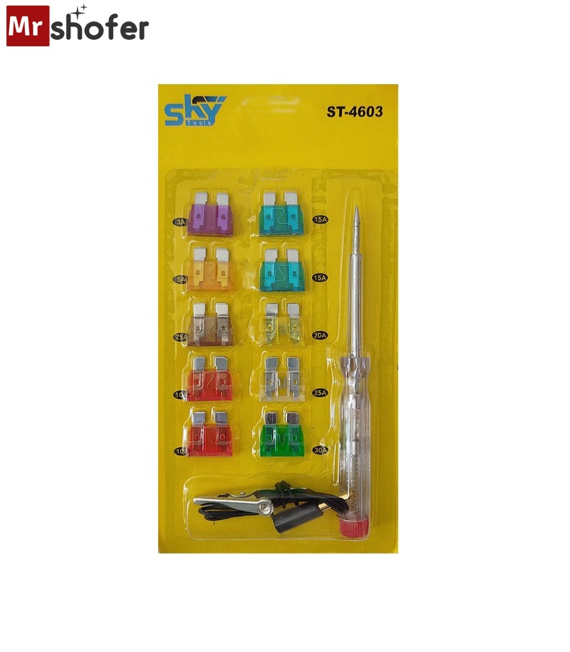 تستر لامپ و فیوز خودرو SKY مدل ST-4603 | مناسب عیبیابی سیمکشی 1 فازمتر تست برق خودرو 6 تا 24 ولت به همراه فیوز یدک