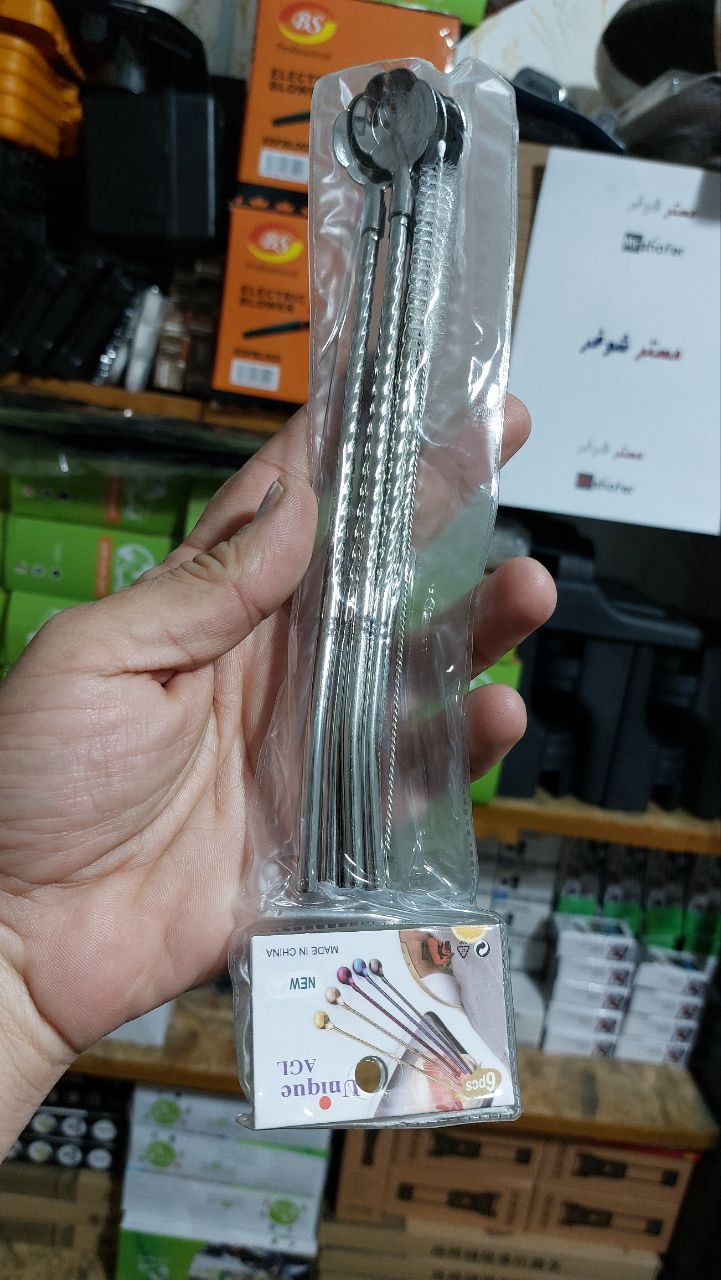 نی شربت استیل + پیچ فرچه دار وارداتی 6 عددی 4 نی استیل همراه با فرچه
